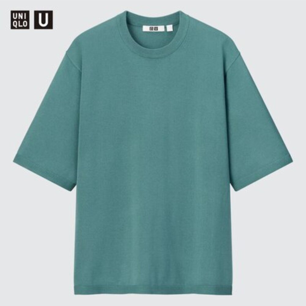 Uniqlo U Knitted Crew Neck Short Sleeve T-Shirt Sweater Green XL
